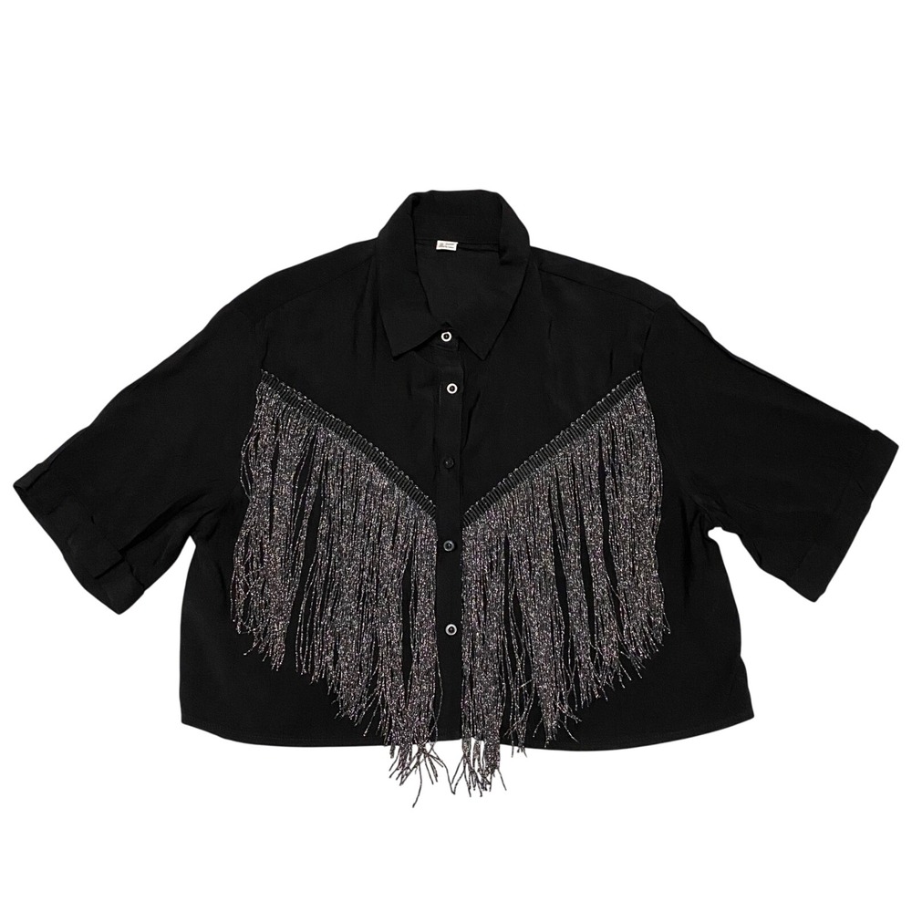 Women's Balck Fringe Cropped Button‎ Up Western Top L Y2K Rodeo Festival Boho